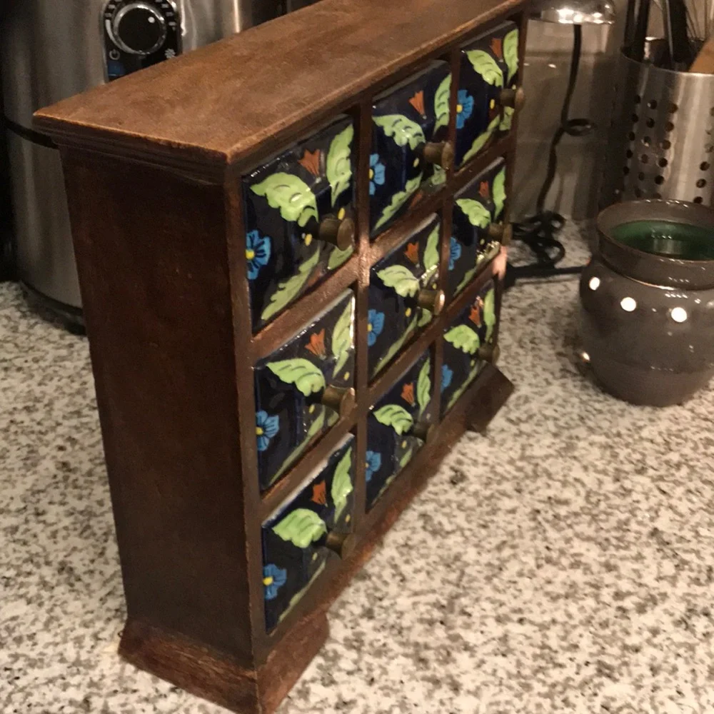 Vintage Wooden Apothecary Spice Box with Ceramic Drawers